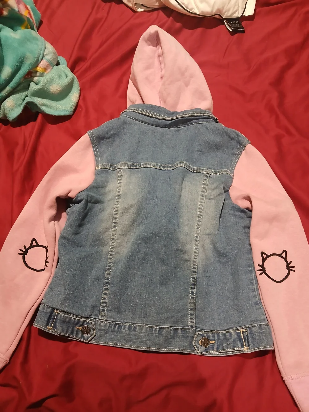 Vigoss Denim Jacket with Pink Hoodie Sleeves and Cat Elbow Prints